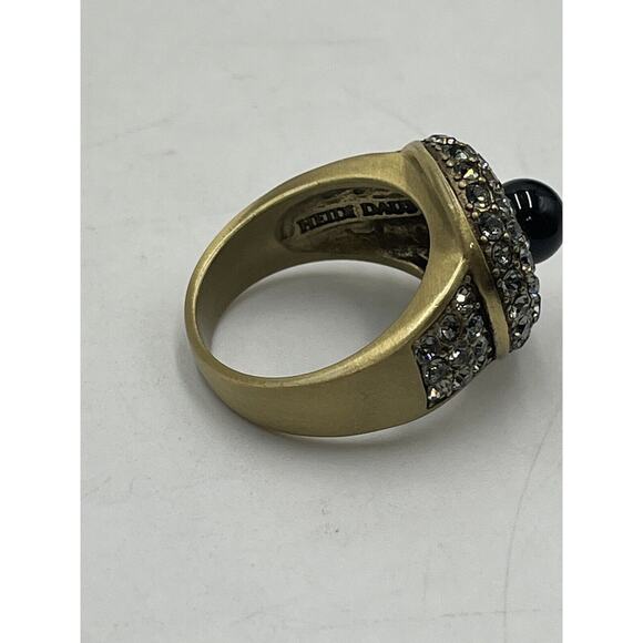 Heidi Daus Antiqued Gold Tone Black Faux Pearl Pave Crystal Cocktail Ring Sz 9.5 - Picture 8 of 9